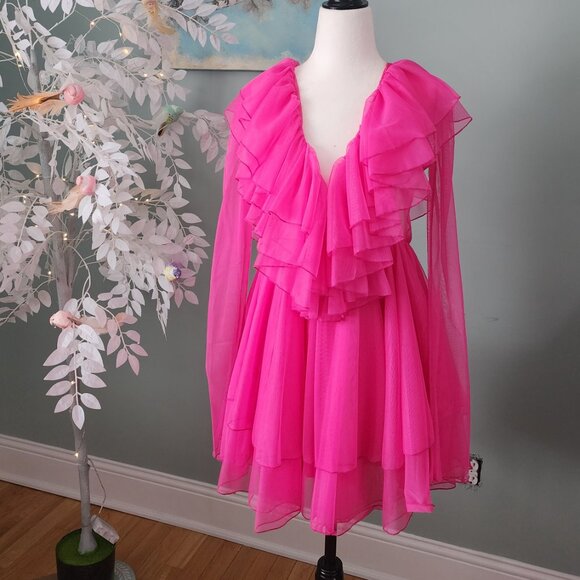 V Neck Ruffle Fuchsia Mini Tulle Dress - Picture 2 of 3